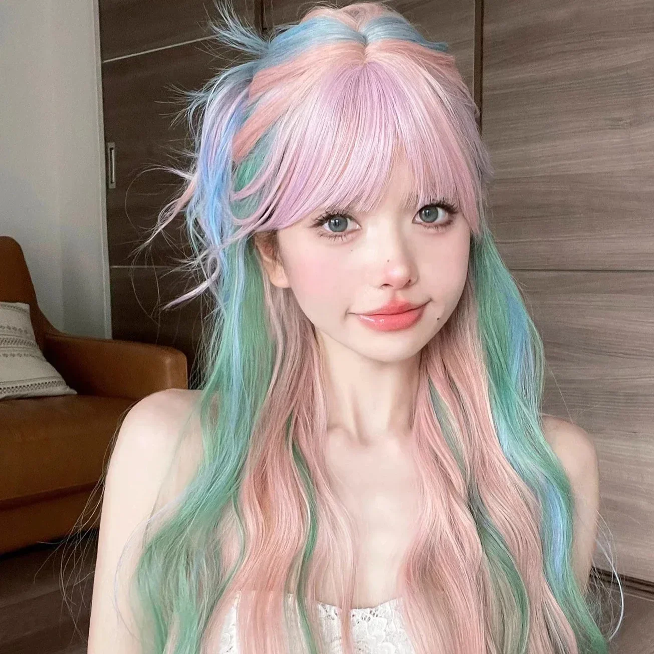 

26 Inch Iridescent Rainbow Color Multicolour Synthetic Wigs with Bang Long Water Wave Hair Wig for Women Cosplay Heat Resistant