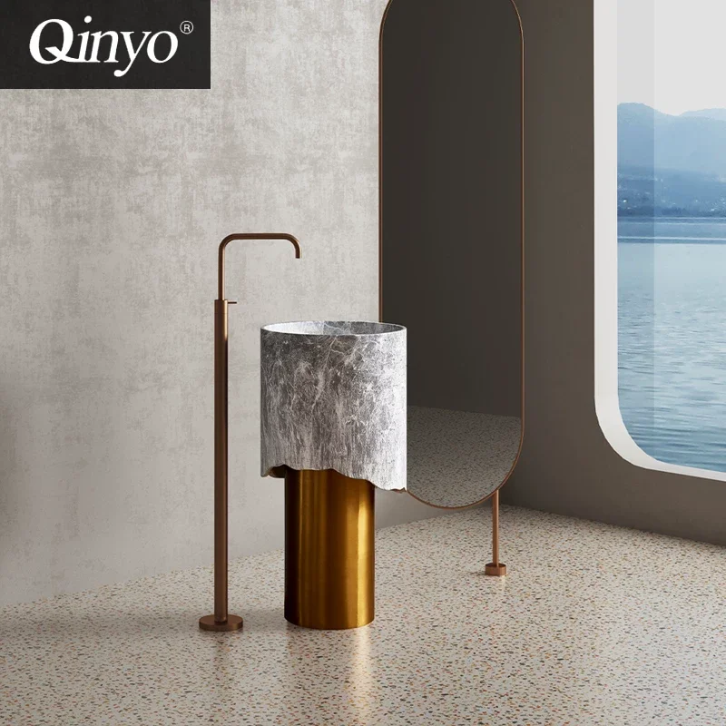 450*920mm Artistic Design 304 Stainless Steel Floor-Mounted Pedestal Basin Round Marble-Patterned Bathroom Sink Premium Quality