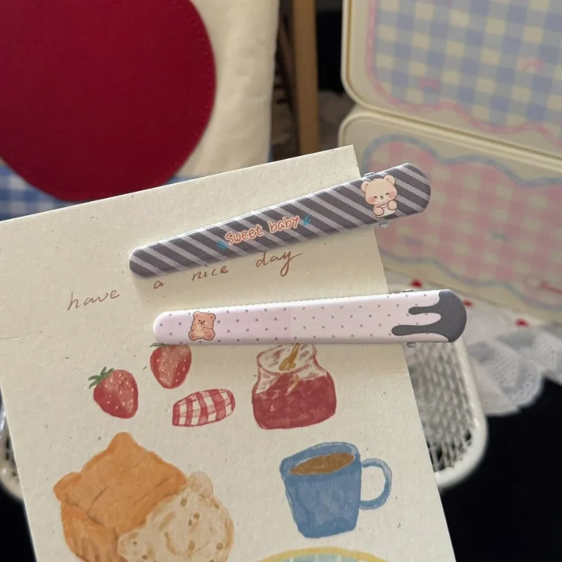 Coffee Cream Striped Bear Long Duckbill Clip,Japanese Cute Cartoon Hair Clip,Sweet Girlish Side Hair Accessories For Women Gift