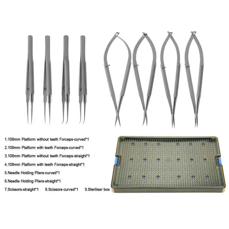 

GREATLH Ophthalmic Tools Kit Eyelid Platform Forceps Stainless Steel Straight Curved Head Scissors Eyelid Surgical Tool