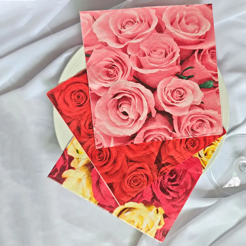 

20Pcs/pack Lover Heart Rose Printed Paper Disposable Wedding Handkerchief Tableware Napkin Tissues Party Decoration