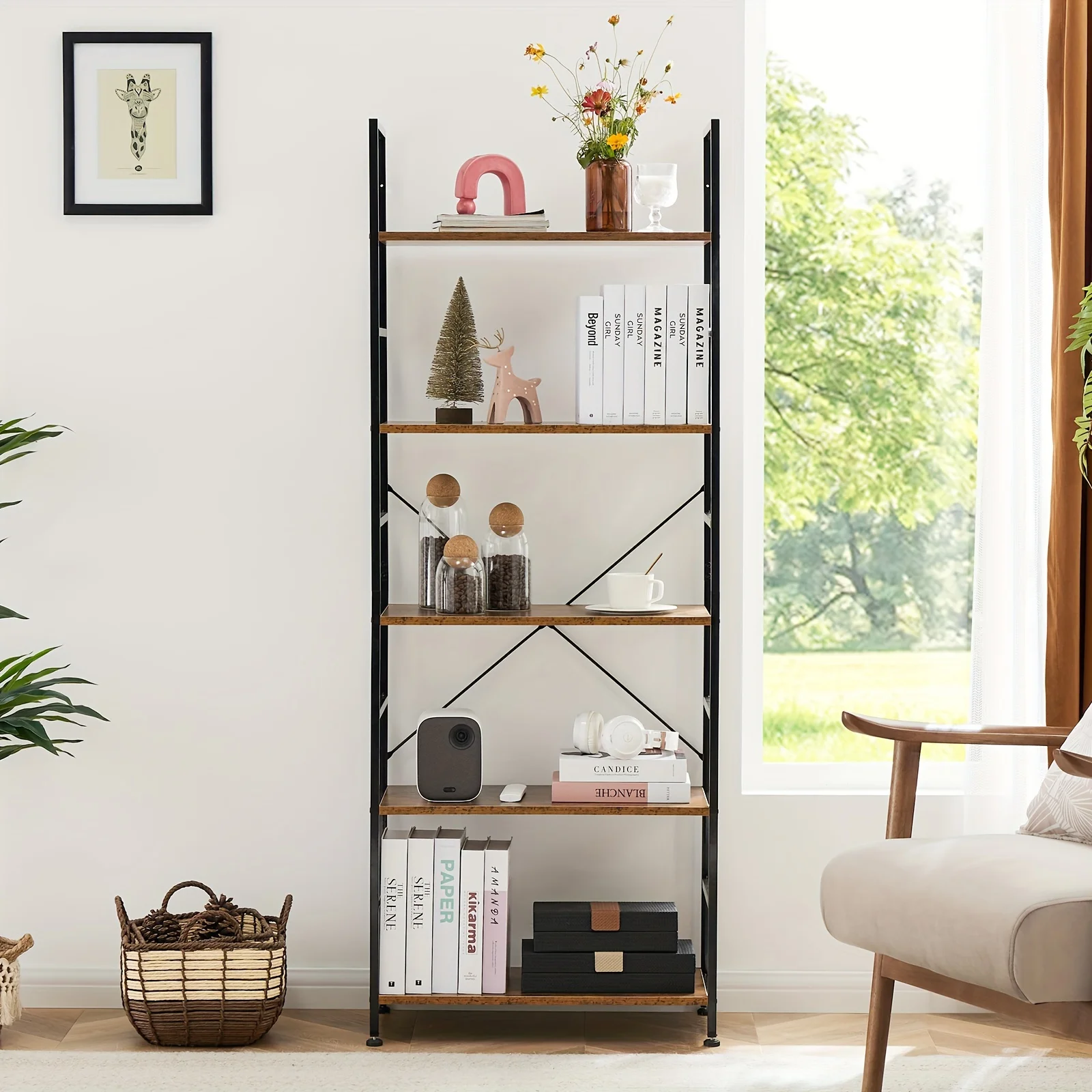 1pc Wooden Multi-Layer Storage Shelf - Sturdy Floor-Standing Display Rack with Horizontal Orientation for Living Room, Kitchen