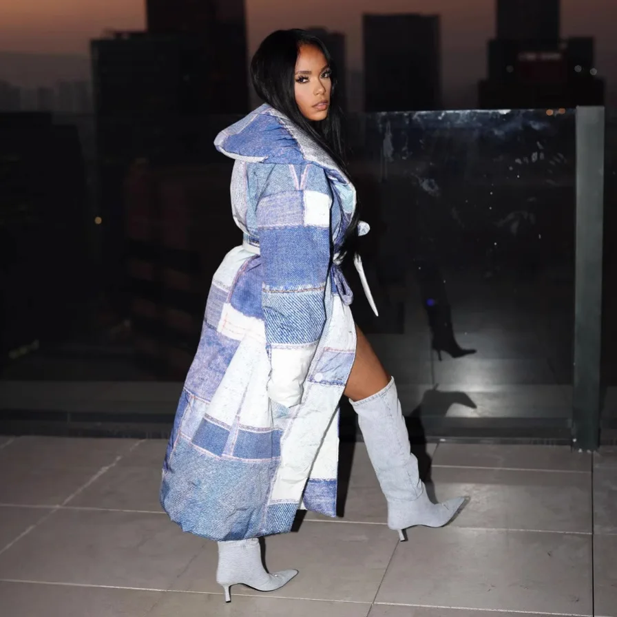 Parkas denim casacos feminino jaqueta longa impressão rendas até mangas compridas turn down collar duplo breasted solto casual 2025 outono inverno