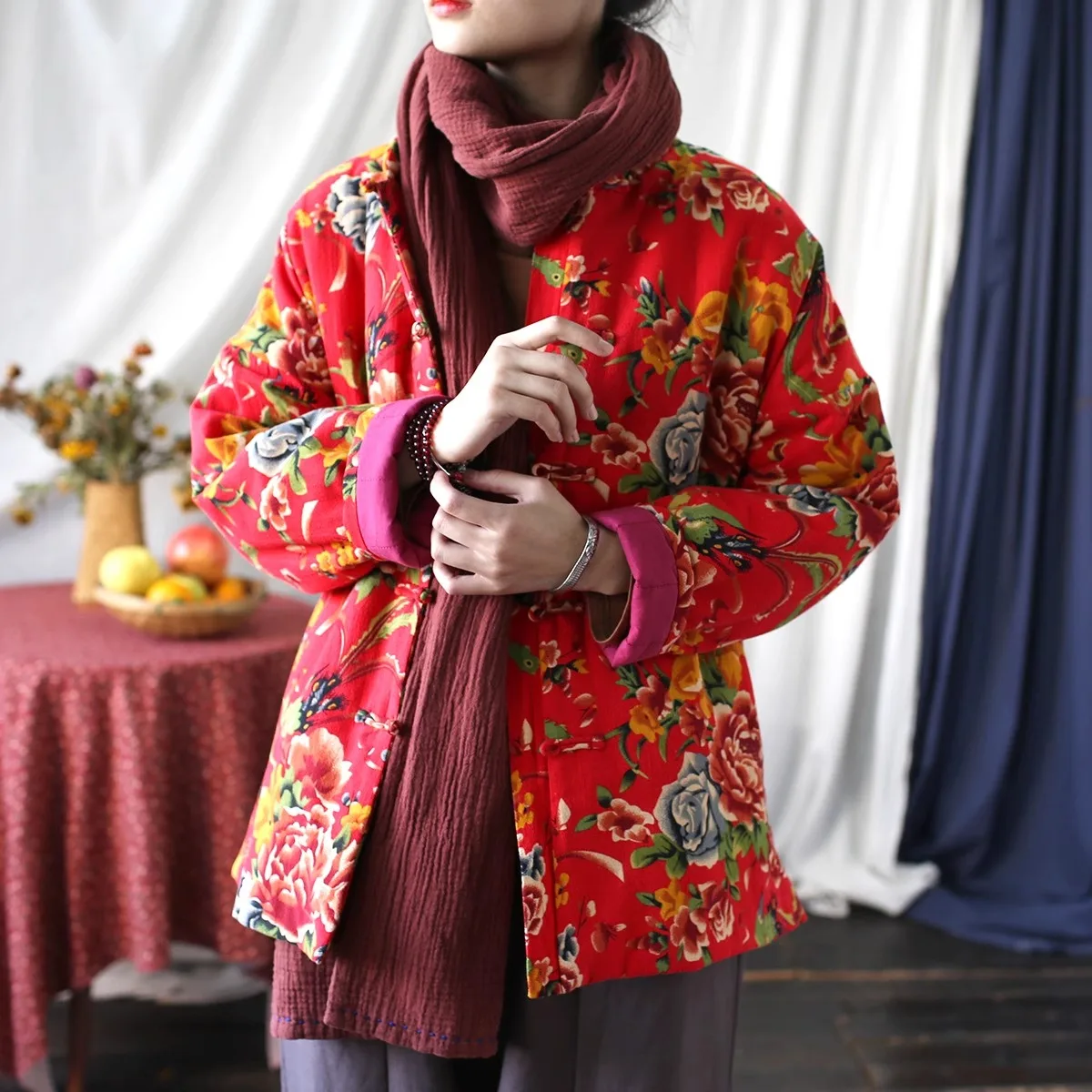 Thickened Warmth Cotton Jacket Northeast Big Flower Pattern Retro Nostalgic Loose Winter Ethnic Style Button up Tang Suit Cot...