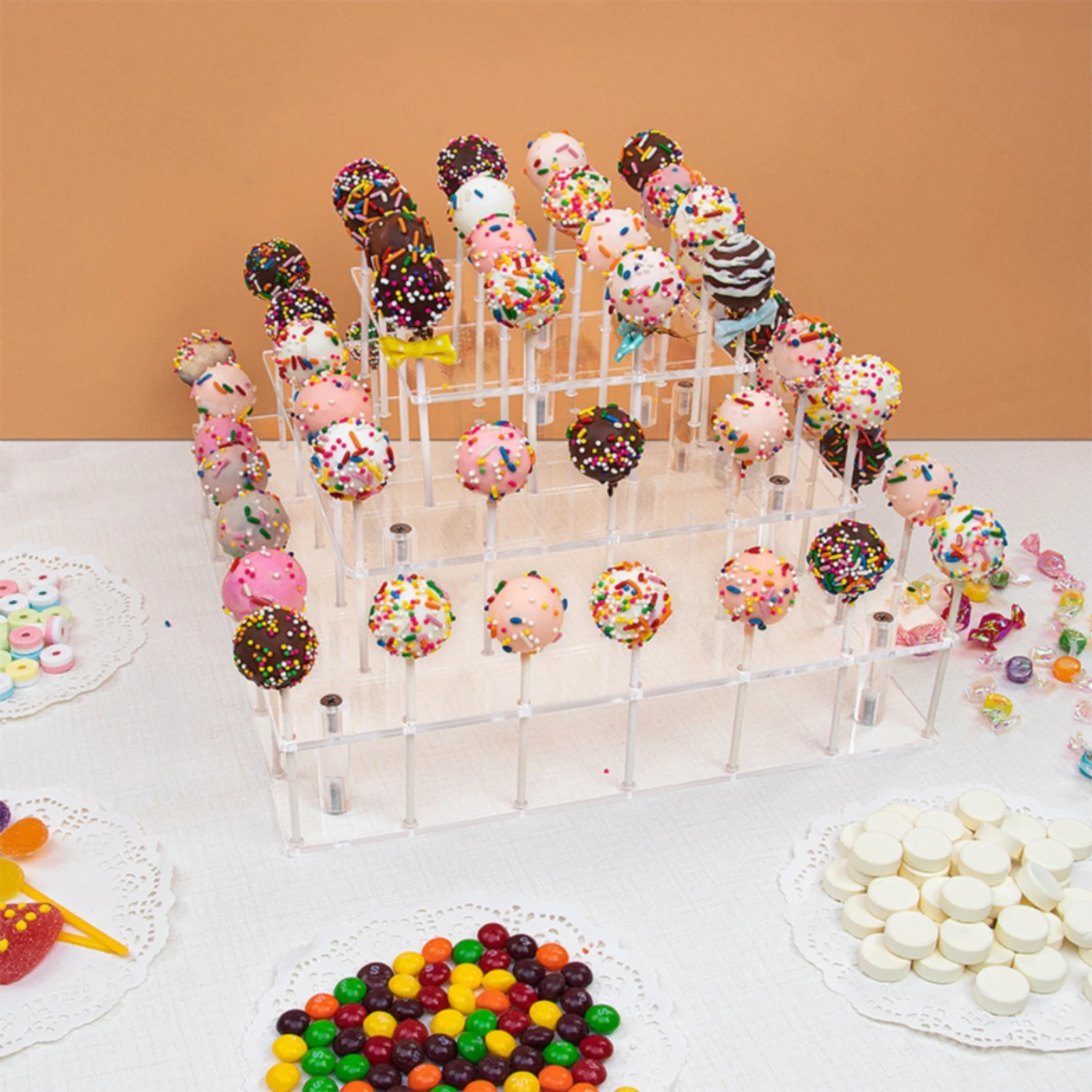 56 Hole Sucker Display Stand Freestanding Four-Tier Square Sucker Display Holder Elegant for Bakeries, Birthday Parties