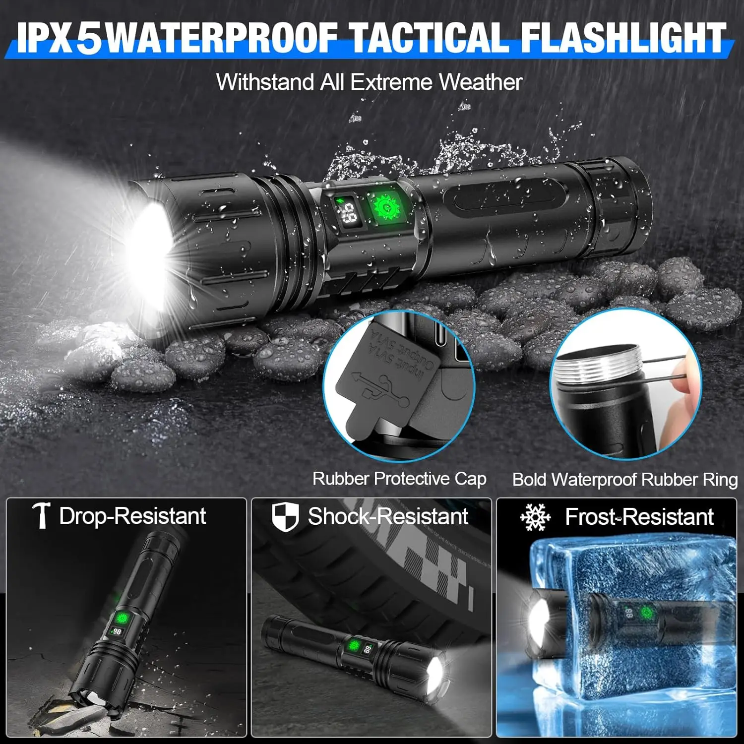 Super Bright Rechargeable LED Flashlight, 5000mAh Battery, 5 Modes, Waterproof, Zoomable with Power Display (2 Pack Black)