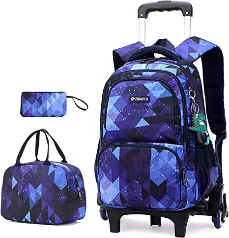 School Trolley Bag Wheeled Backpack for Girls Kids 6 Wheels 2 Wheels Elementary School Trolley Bag Set Lunch Bag Pen Bag For kid