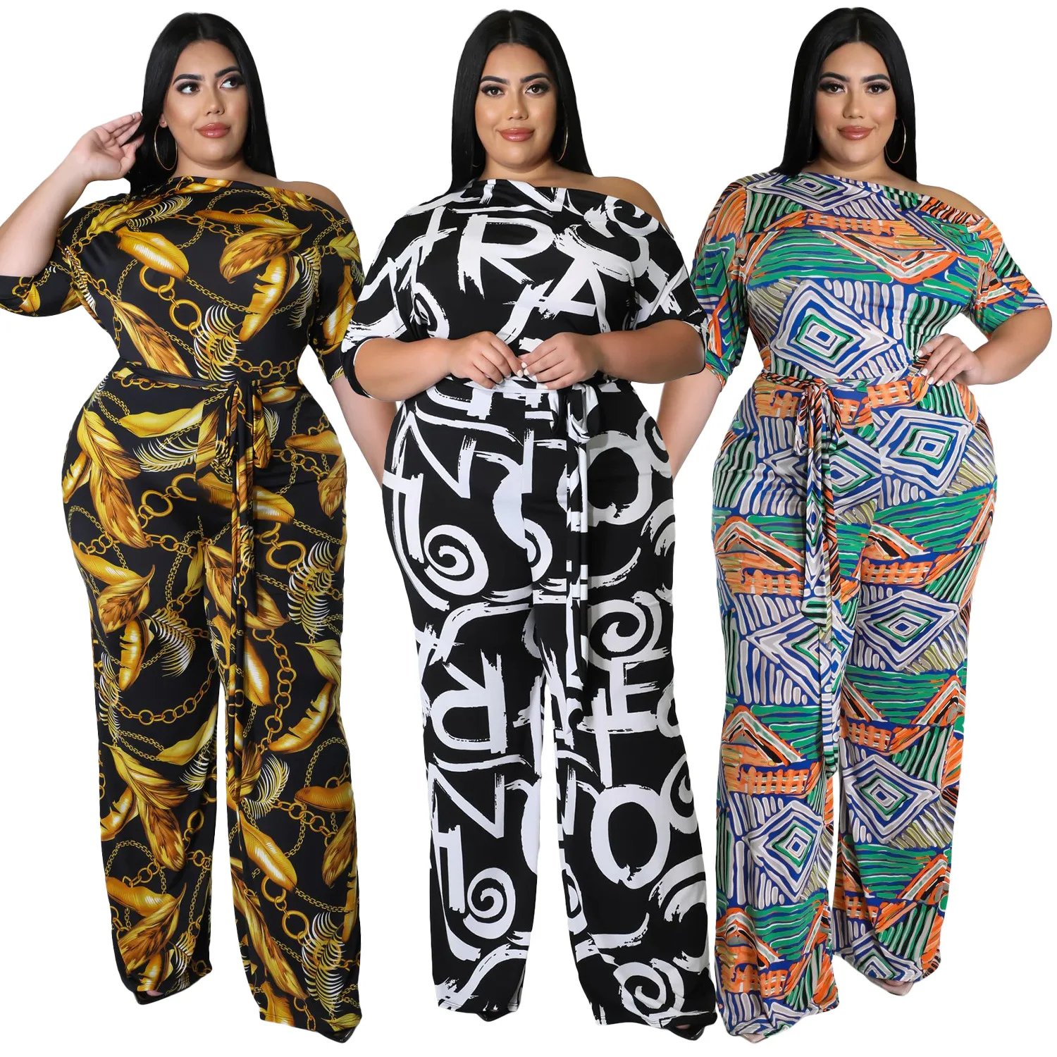 Plus Size Women's Printed Lace-up Jumpsuit Sexy Fashion Straight Neck Jumpsuit Ladies Casual Loose Half-Sleeve Elegant Jumpsuits