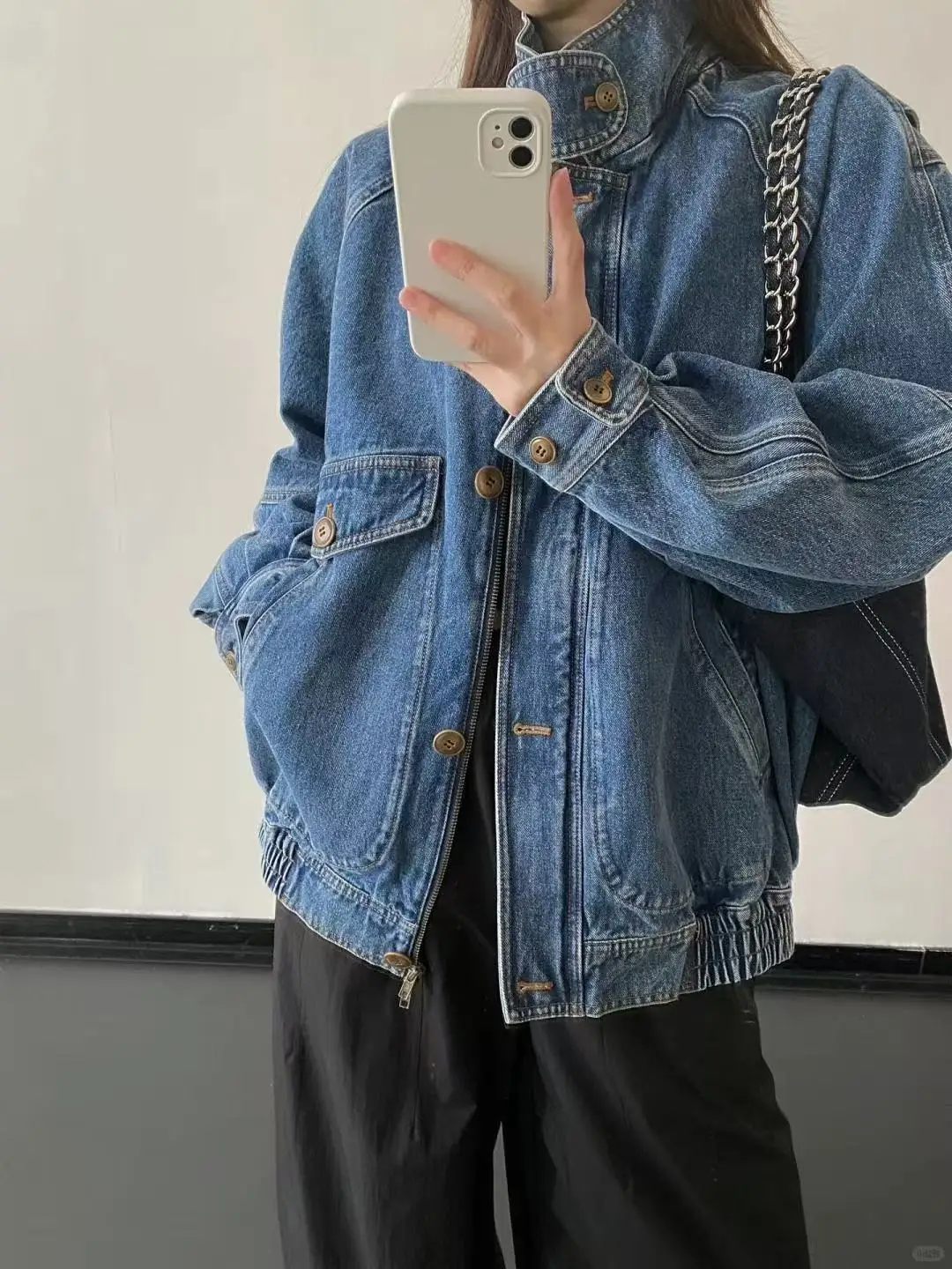 

American High-End Denim Jacket For Women'S Autumn New Collection, Retro Stand Up Collar Design, Loose Workwear Jacket