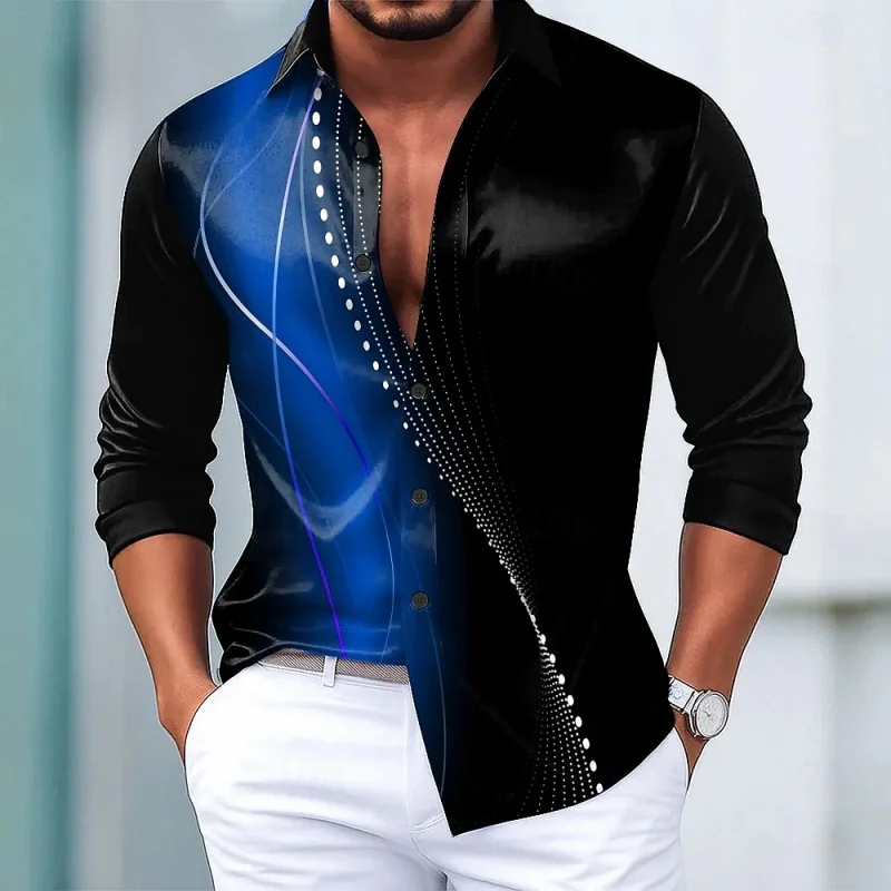 Men's shirt with gold lines printed top, featuring a personalized long sleeved casual shirt and trendy men's comfortable fabric