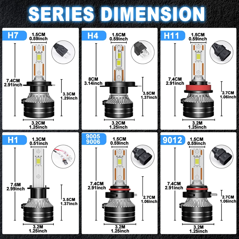 K5C H7 LED 60000LM Headlights Canbus H1 H4 H11 9012 HIR2 H8 H9 H13 9007 9005 9006 HB3 HB4 H27 881 High Power 6000K 5570 CSP Chip view 6