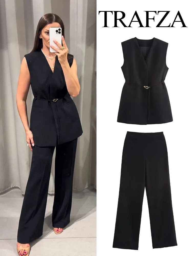 TRAFZA Women Trouser Suit Sleeveless Pocket Belt V-Neck Decorate Vest Top+Solid Side Zip High Waist Loose Casual Wide Leg Pants