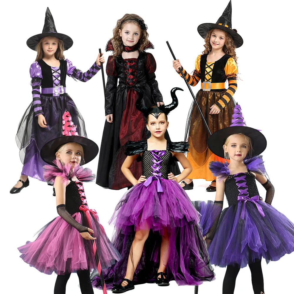 Girls Witch Cosplay Costume Set Kids Halloween Party Dress Multiple Styles Witch Outfit for Carnival Role Play