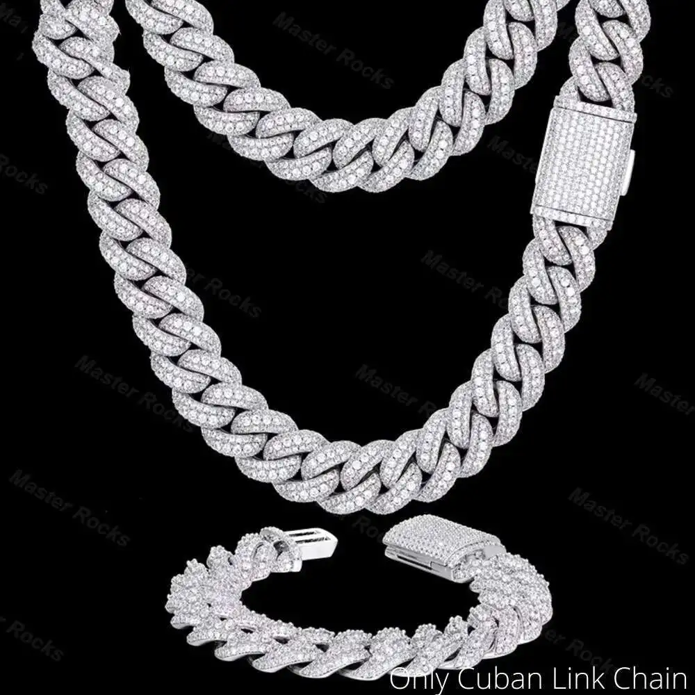 

Hiphop VVS Moissanite Chain 925 Sterling Silver Iced Out Jewelry Buss Down Gold Plated with 18mm Moissanite Cuban Chain