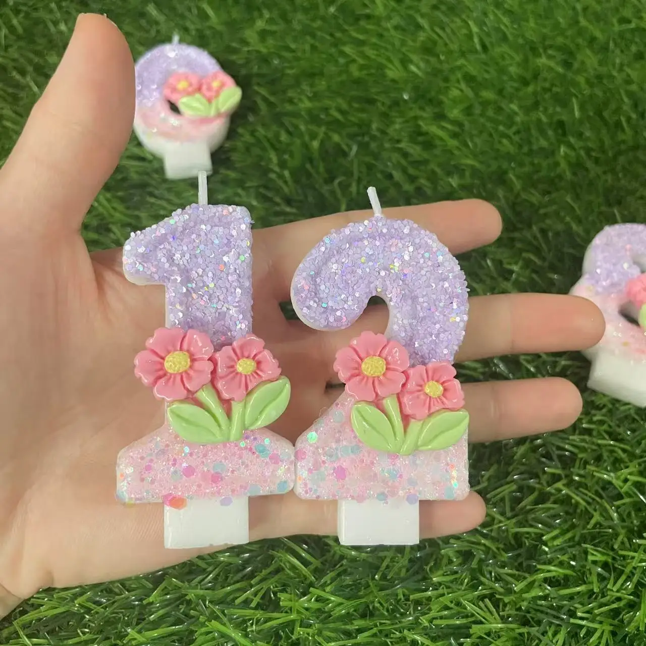 Purple pink sparkling candles, flower decorated digital cake top set, suitable for decorating cakes at girls' birthday parties
