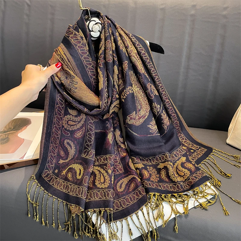 [T099] 1pc Bohemian Fashion Luxury Jacquard Pashmina Scarf Tassel Ladies Hijab Shawl Wrap Winter Suitable Neckerchief