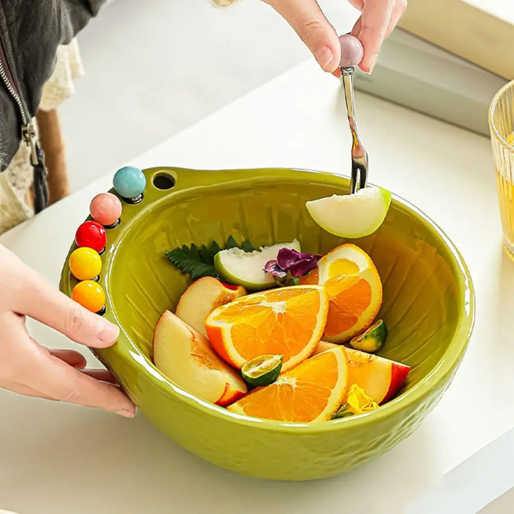 Ceramics Fruit Bowl with Fork Avocado Fruit Bowl Large Capacity Fruit Serving Plate Reusable Ceramic Jar