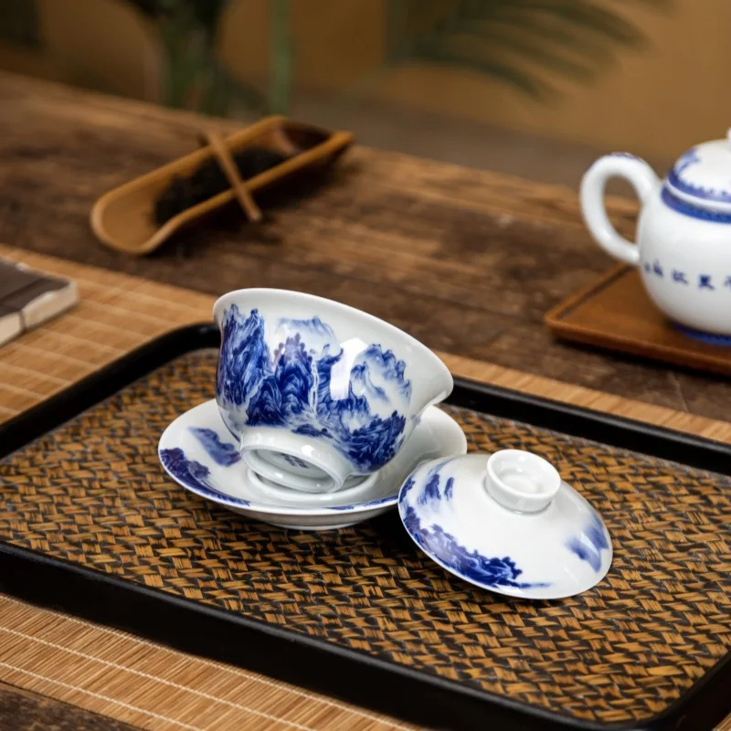 Jingdezhen Qitang Blue and White Porcelain Thousand-Li Landscape Ceramic Tea Set Suit Household High-Grade Living Room Office