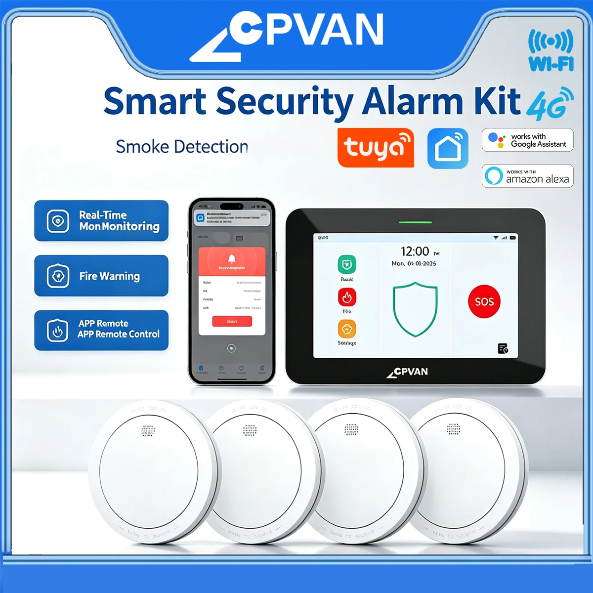 CPVAN Smart Panel & interlinked Smoke detector WiFi 4G Home alarm safety Protection Alarm Support Tuya Smart Life APP control