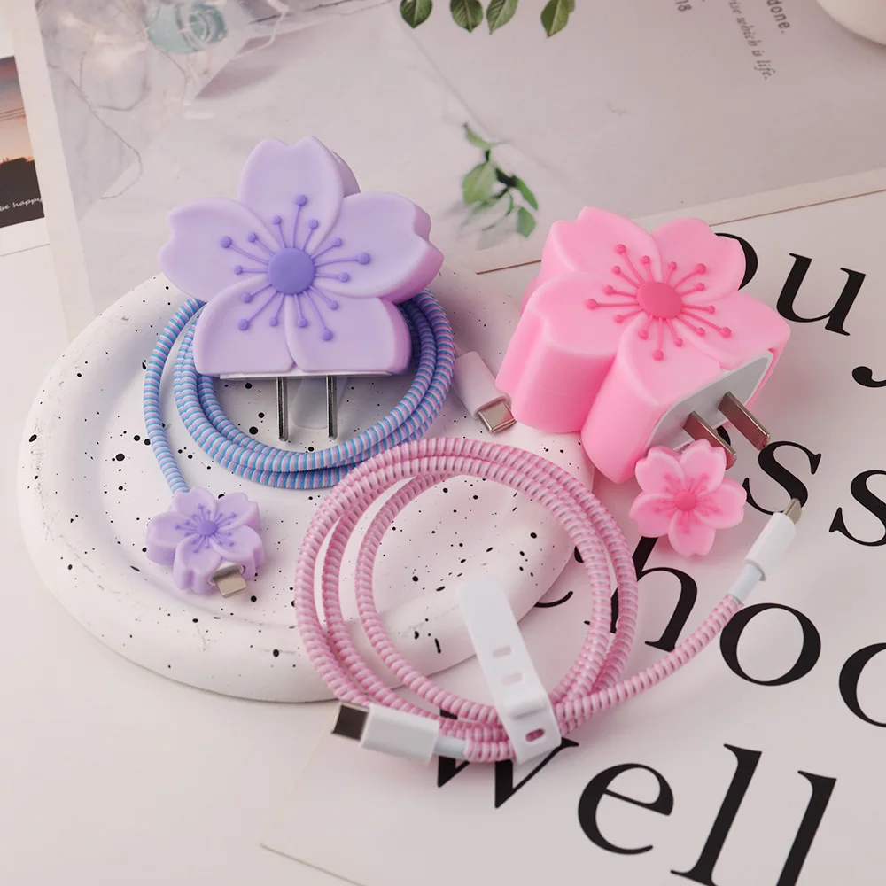 Cute Pink and Purple Flower Spring Cable Winder Accessories Charger Protector Cover For iPhone 18W 20W Protection Case