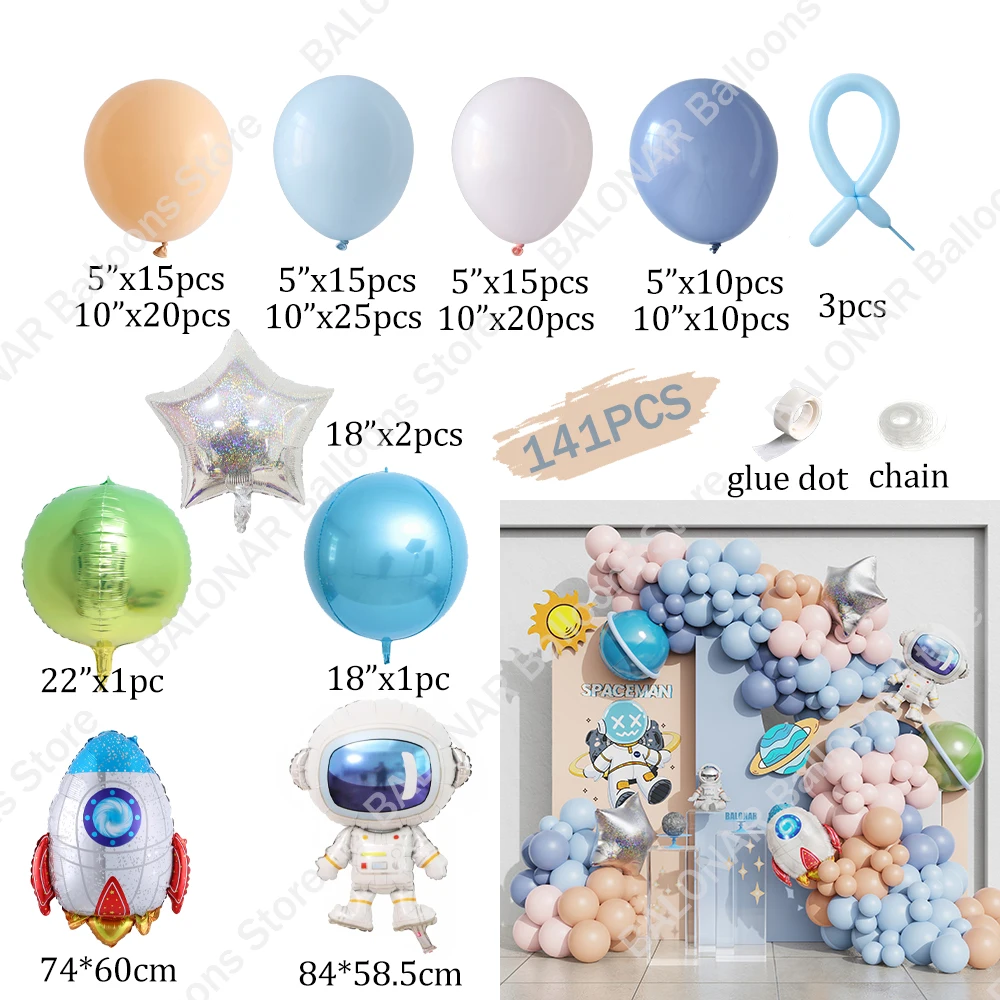 141Pcs Astronaut Rocket Balloon Garland Macaron Blue Nude Balloon Outer Space Theme Baby Boys Birthday Party Decor Baby Shower