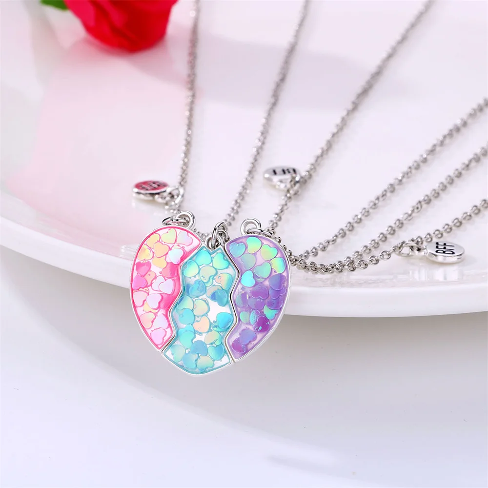 3pcs Magnetic  Best Friends Pendant Necklace Stitching Heart Colorful Sequins Necklace Gift For Men Or Good Friends Or Couples