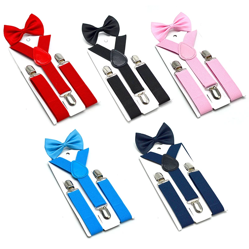 Soild Color Children Belt Bowtie Set Boys Girls Suspenders Clip-on Y-Back Braces Bow Tie Elastic Kids Adjustable