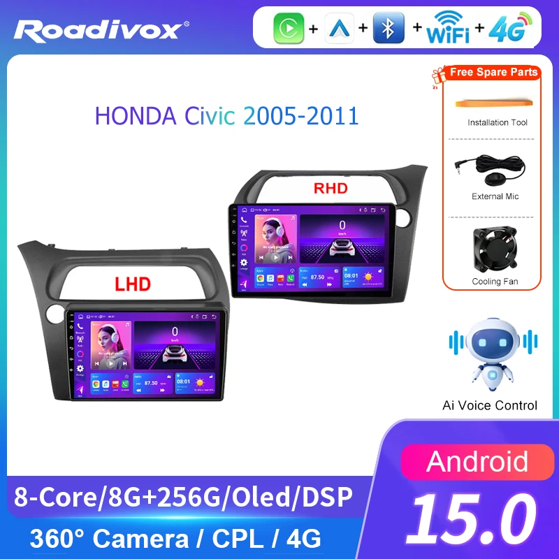 AI VOICE Android Car Radio Multimedia player for HONDA Civic 2005 2011 GPS Navigation Stereo Screen Video Tape Recorder Carplay