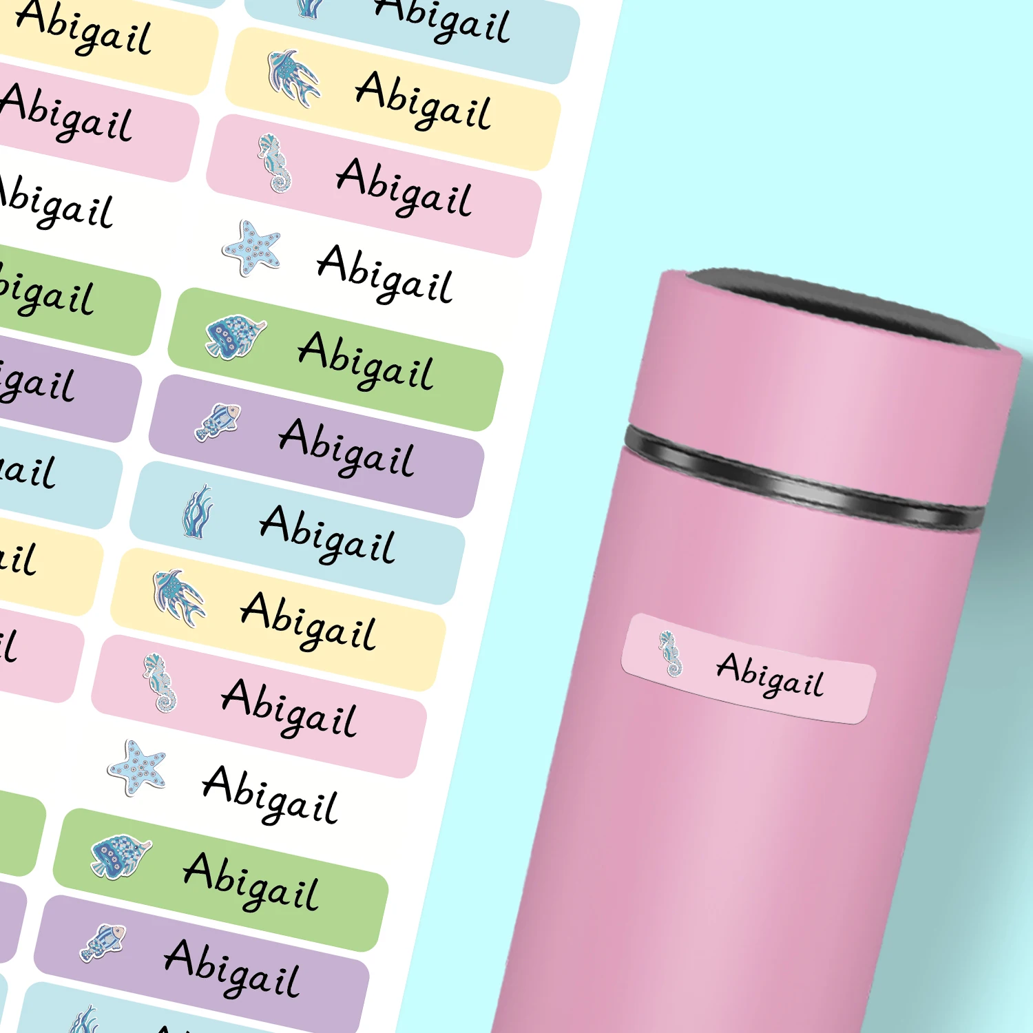 Naklejki z imieniem, personalizowane etykiety z motywami morskimi, wodoodporne naklejki kawaii, artykuły szkolne dla dzieci, etykiety na butelki.