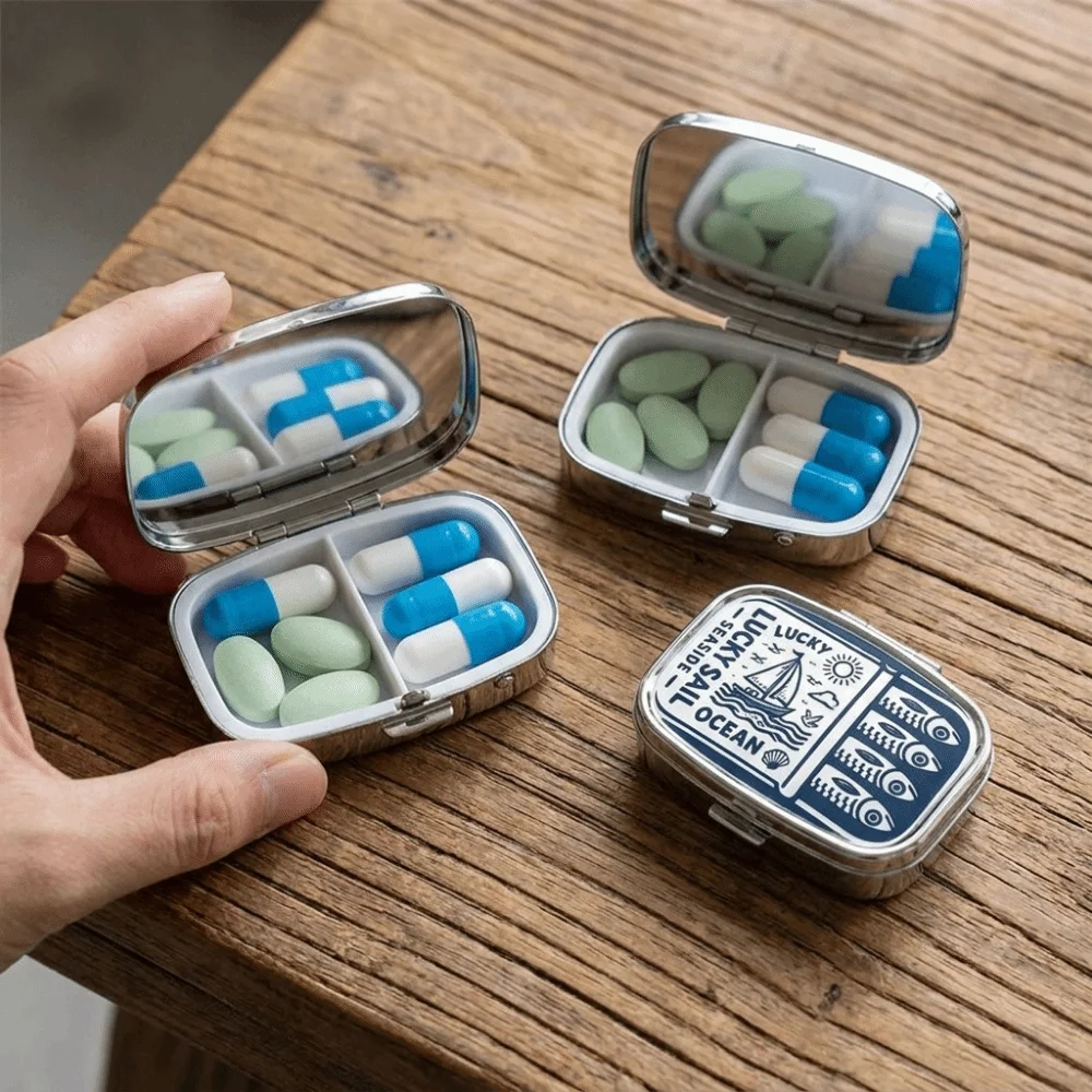 Multi-functional Metal Sardine Print Pill Box Cute Cartoon Pocket Pill Case Mini Ocean Style Sardine Jewelry Box For Home