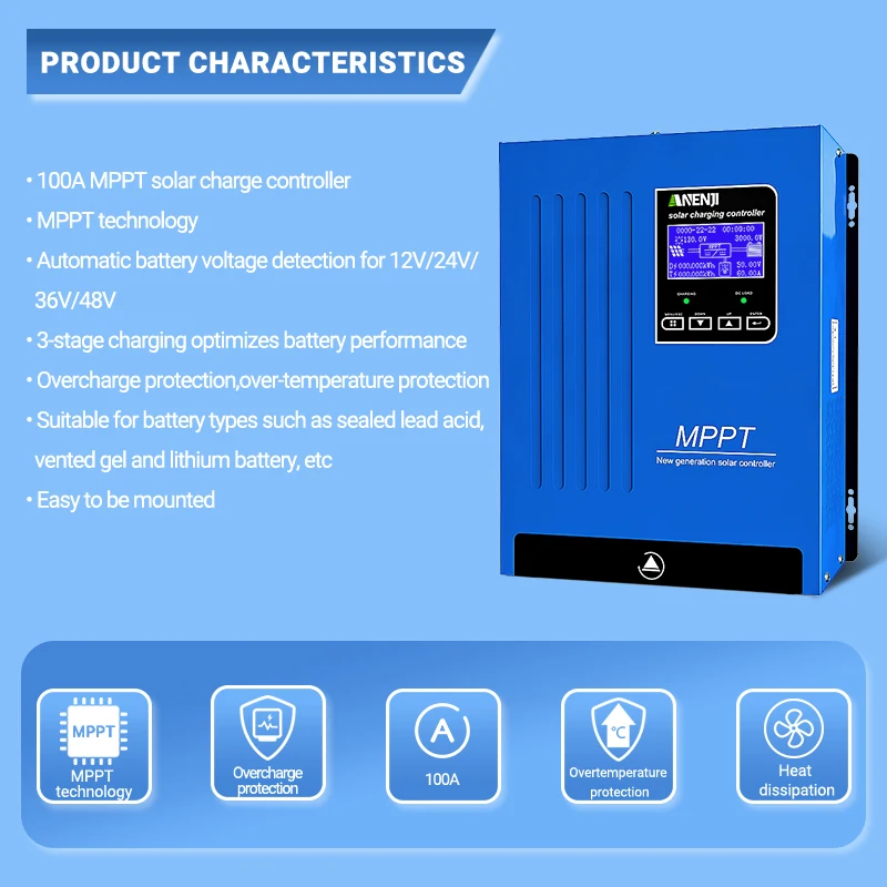 ตัวควบคุมการชาร์จพลังงานแสงอาทิตย์ MPPT 100A สำหรับแบตเตอรี่ 12V 24V 48V อัตโนมัติ สำหรับแบตเตอรี่ตะกั่วกรดแบบเปิดและแบบปิดผนึก ลิเธียม และแผงโซลาร์เซลล์