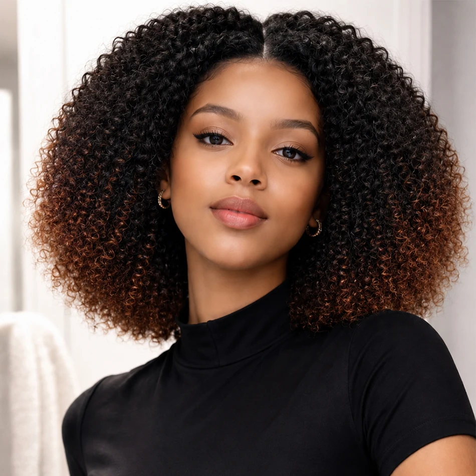 300% Dichte, kleberlose vietnamesische Kinky Curly 5X5 HD Lace Closure Echthaarperücken mit Kordelzug, Ombre Bob Afro Kinky Curly Perücke
