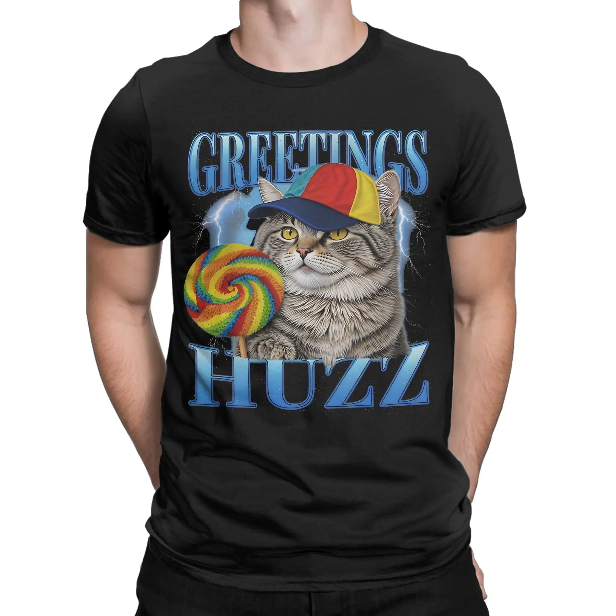 Lollipop Cat Meme Greetings Huzz Funny Silly Cats Cotton T Shirt For Mens Summer Y2K T-Shirts Leisure Tees Oversized Clothing