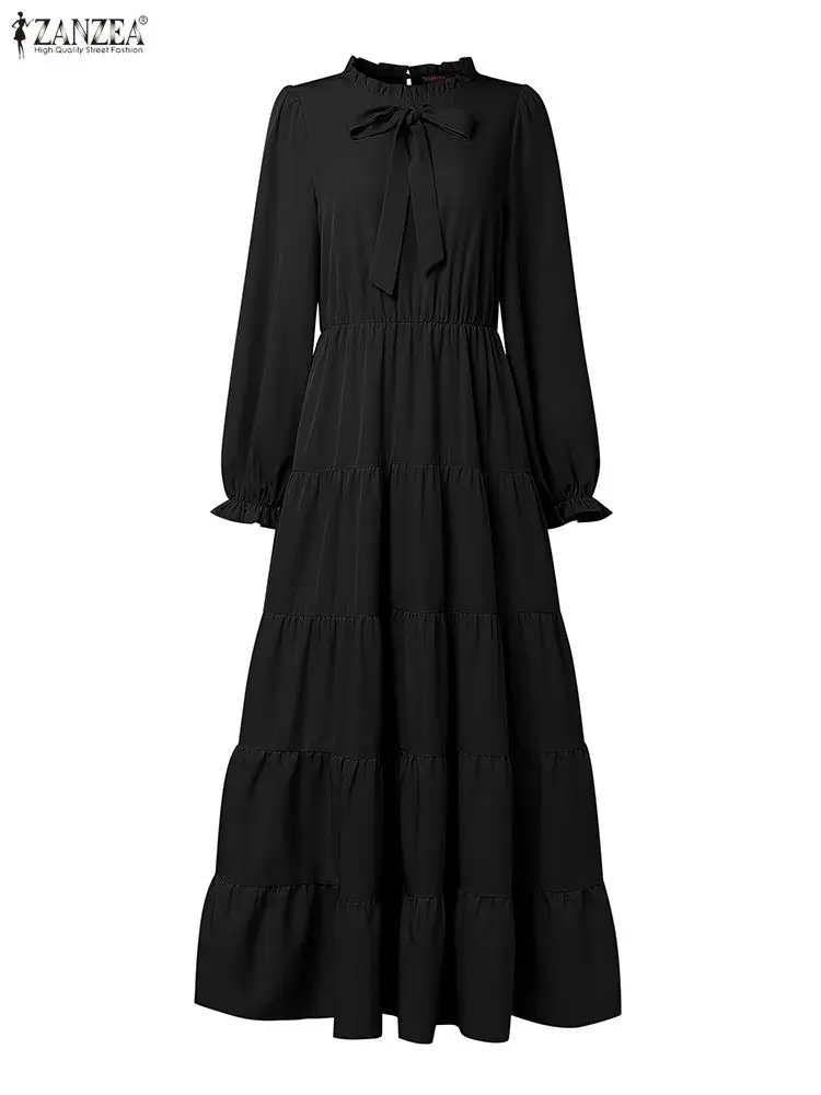 ZANZEA فساتين نسائية أنيقة طويلة متواضعة بفيونكة وتفاصيل مكشكشة وأكمام طويلة متدرجة فستان غير رسمي على شكل حرف a حجاب إسلامي عباية للعيد