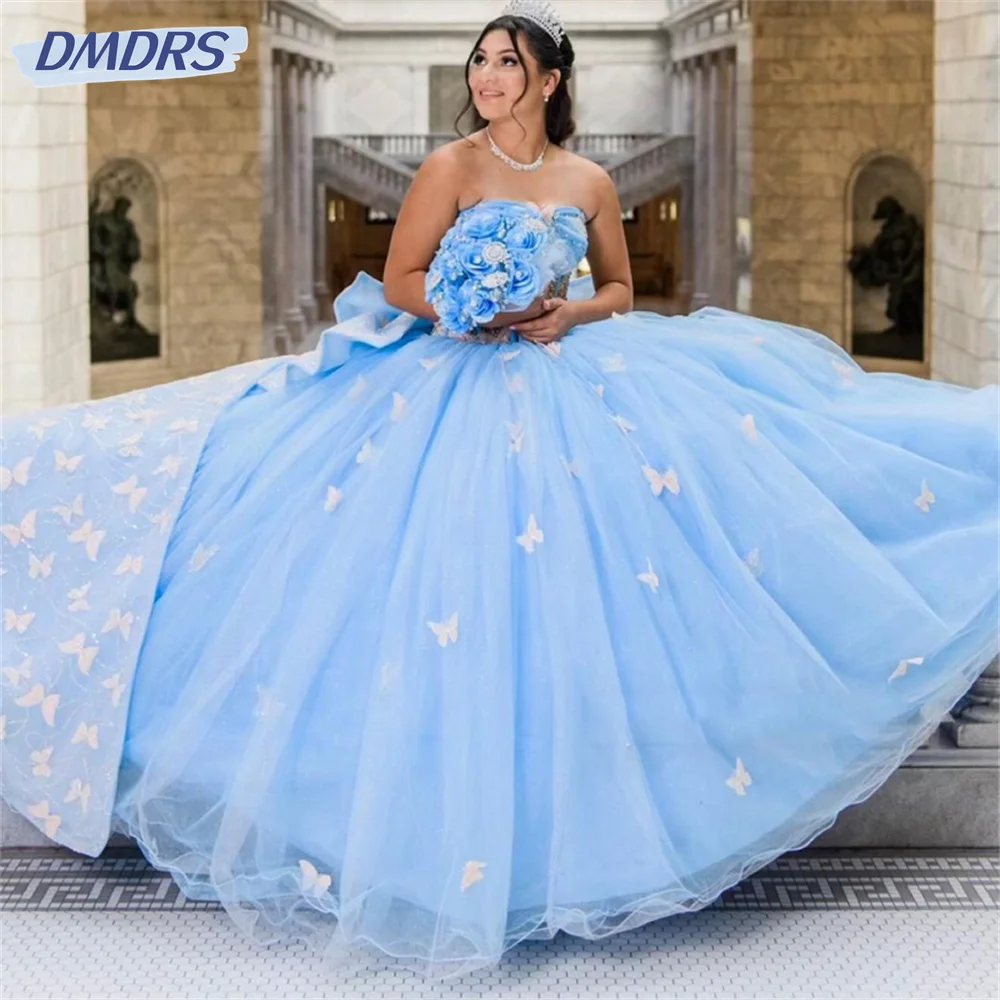 Elegancka suknia balowa księżniczki bez ramiączek urocza sukienka na Quinceanera romantyczna aplikacja 3D kwiaty z peleryną słodka sukienka 16 Vestido De