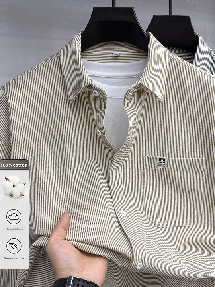 

Lormen Pure Cotton Striped Long Sve Casual Loose Men's irt Korean Sle Versatile Breathable Busin Gentleman Faion