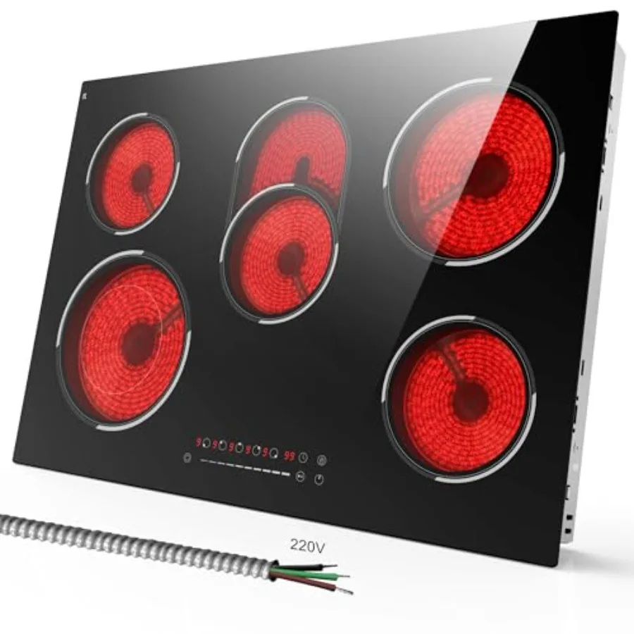 30 Inch Electric Cooktop for Kitchen Ceramic Black 5 Burner 8400W with Expanded Zone Slide Touch Control Timer Child Safety Loc