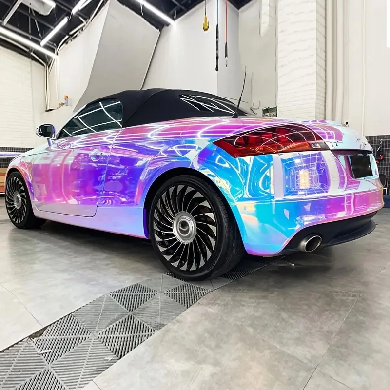 Gloss Chrome Rainbow Iridescent Holographic White Vinyl Wrap Color Shift Decal Film Self Adhesive DIY Motorbike Car Wrapping