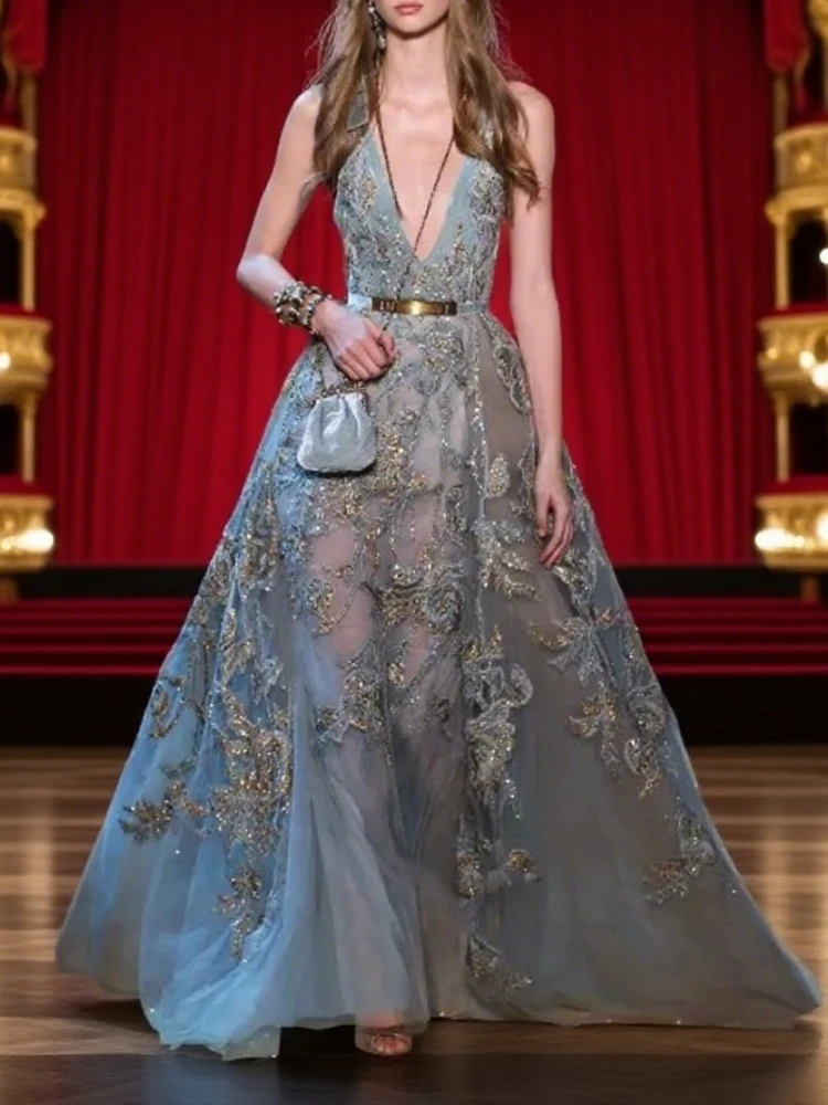 فساتين أنيقة ملابس السهرة اغراق الرقبة الدانتيل فستان رسمي الوهم صد طول الأرض خط مطرزة ثوب السجادة الحمراء