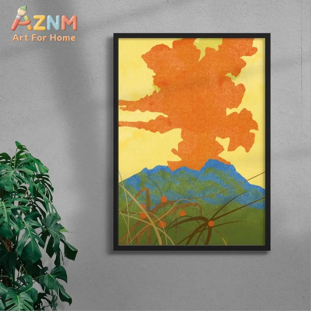 

Абстрактное настенное панно с изображением оранжевой горы в рамке - современный декор в стиле бохо с желто-зеленым природным принтом для дома и офиса