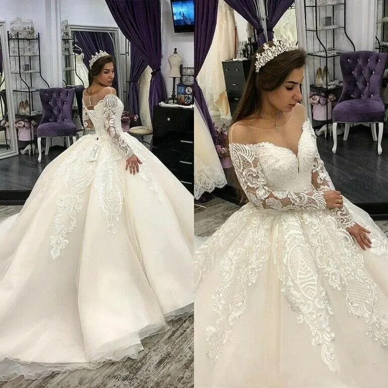 

Luxury Wedding bridal ball dress Sweep train lace applique scoop Transparent neck custom long sleeve Castle Church wedding dress