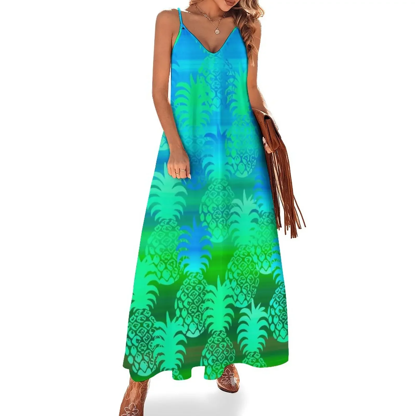 

Pukana Hawaiian Pineapple Sunset Blend - Leaf green and ocean blue Sleeveless Dress luxury dress evening dresses luxury 2024