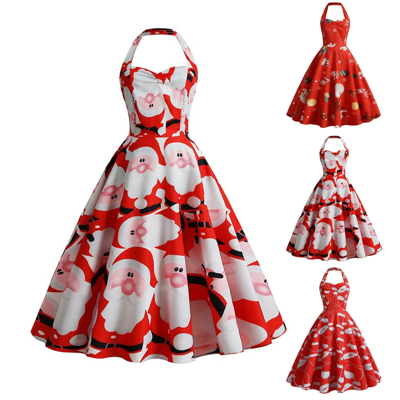 Christmas Santa Print Dress Vintage 1950s Evening Party Prom Dresses For Women Sexy Sleeveless Backless A-Line Swing Robe