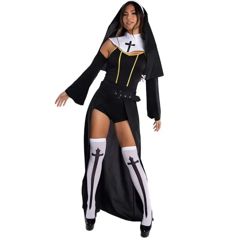 Fashion Sexy Halloween Nun Cosplay Costume Ladies Stage Costume Vampire Nun Costume Suits Carnival Maria Women Polyester Sets