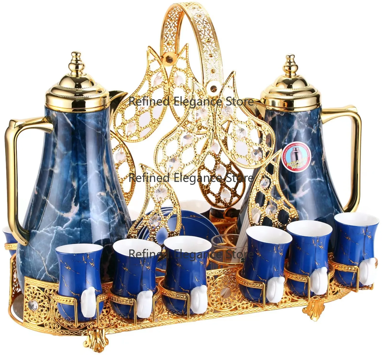 

In Stock Turkish Thermos Vacuum Flask Pink Glass Inner with Cawa Ceramic Cups Thermal Arabic Flask Set