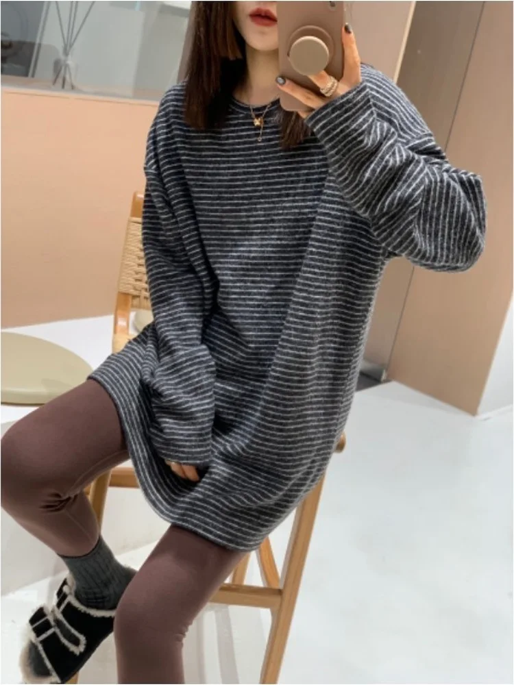 

Feita Casual Loose Long Sve Fce-lined Brued Striped T-irt Warm Base Layer irt Winter Women's Faion Top