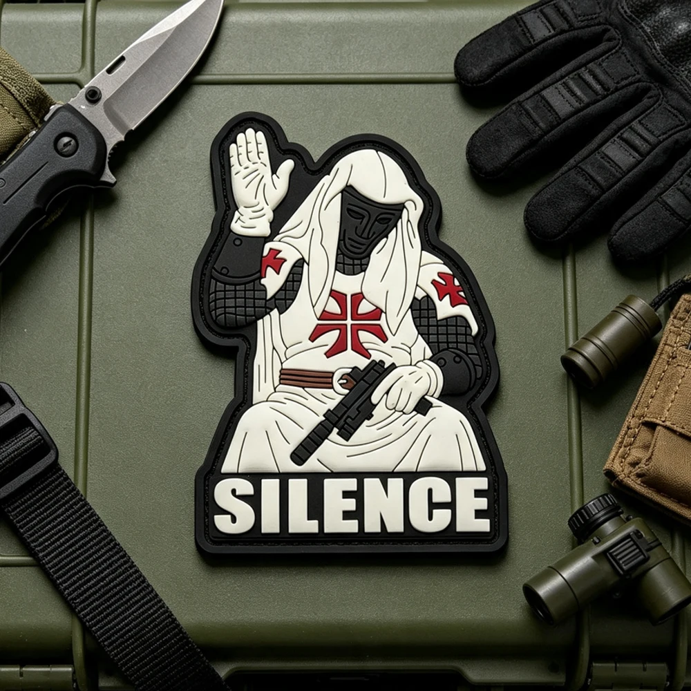 Templar Knight PVC Patch Hook Backing 3D Rubber Badge SILENCE Medieval Crusader Patch for Backpack Vest Hat Clothing Decoration view 3