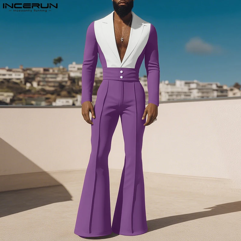 INCERUN Men Sets Patchwork Color-block Lapel Long Sleeve Blazer & Flare Pants Two Pieces Sets Streetwear 2025 Fashion Men Suits