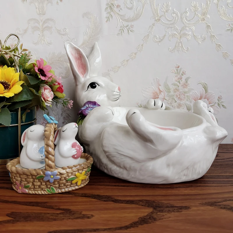 Ceramic White Rabbit Food Container, Spice Jar, Kitchen Seasoning Pot, Home Decor, Fruit Bowl Plate, Salt and Pepper Cans Crafts