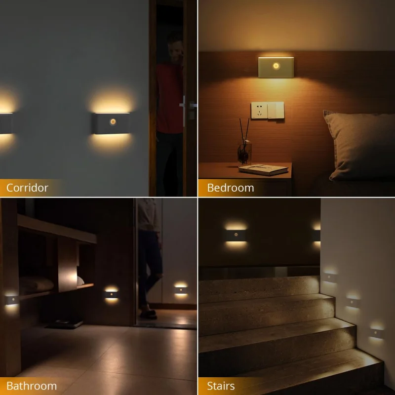 USB rechargeable wireless linkage induction motion sensor LED night light home bedroom stair corridor emergency lamp